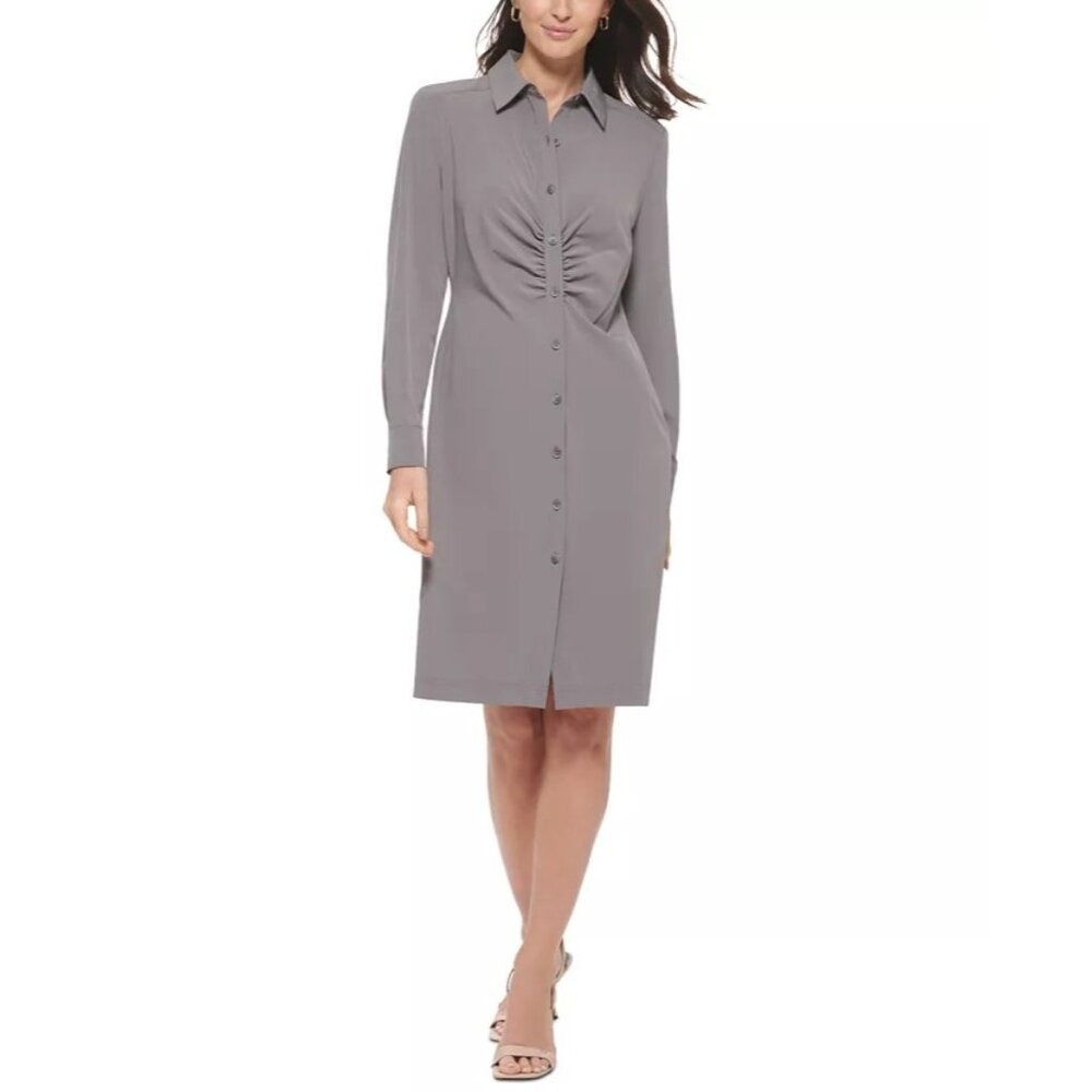 Calvin Klein Button-Front Ruched Shirtdress in Olive Green Size 8